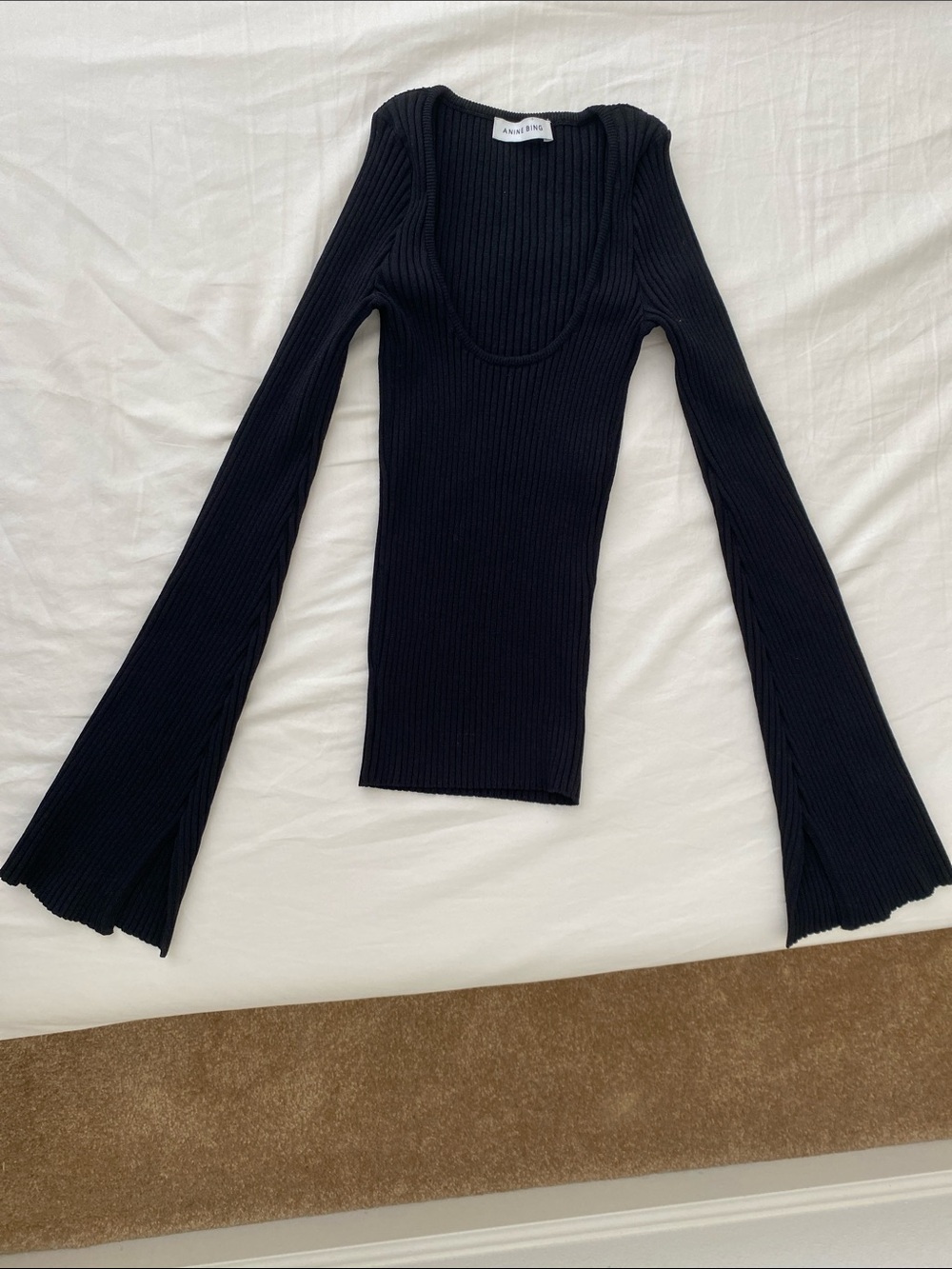 Anine Bing Black Ribbed Scoop-Neck Top